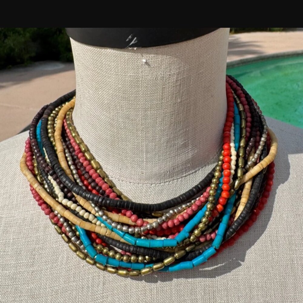 Vintage Multicolor Bead Necklace 10 Strands, 37", Tribal Boho Statement